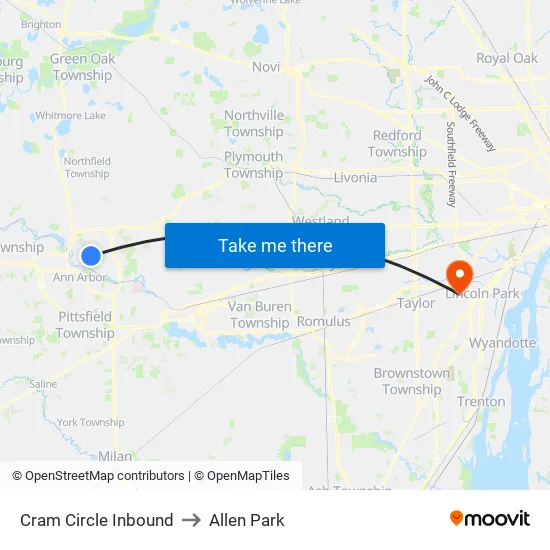 Cram Circle Inbound to Allen Park map