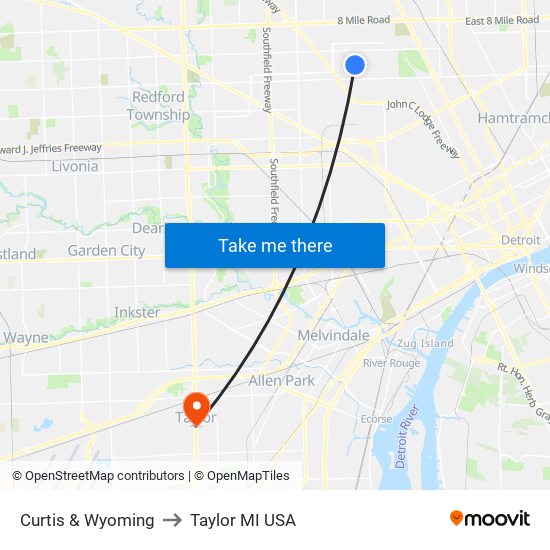 Curtis & Wyoming to Taylor MI USA map