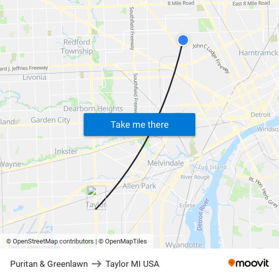 Puritan & Greenlawn to Taylor MI USA map