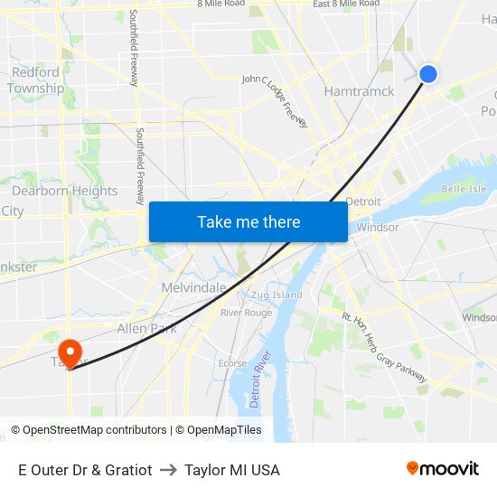 E Outer Dr & Gratiot to Taylor MI USA map