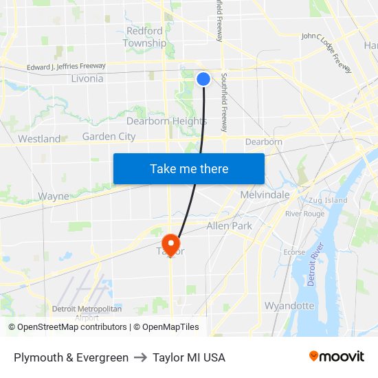 Plymouth & Evergreen to Taylor MI USA map