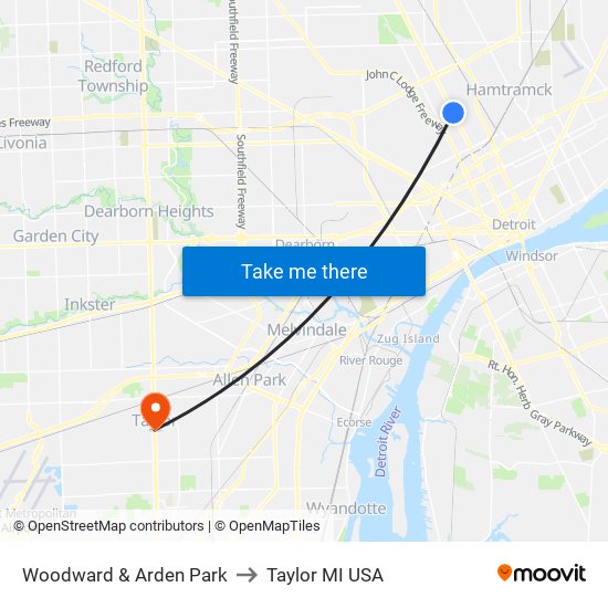 Woodward & Arden Park to Taylor MI USA map