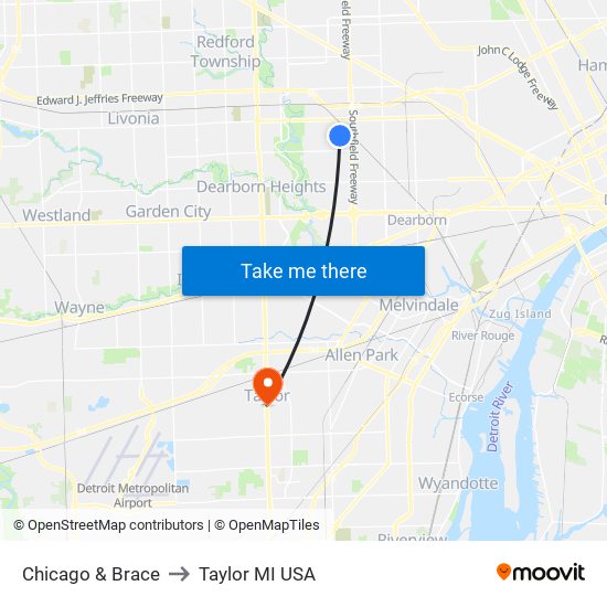 Chicago & Brace to Taylor MI USA map