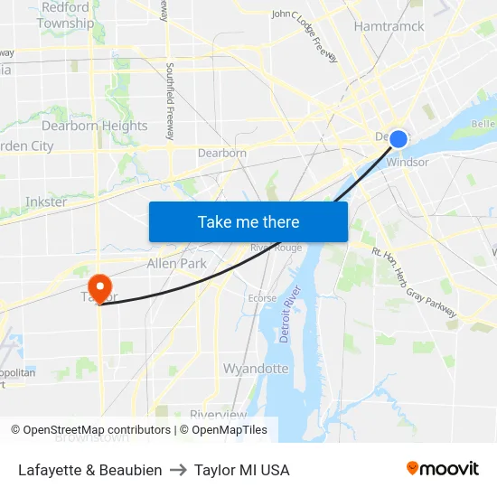 Lafayette & Beaubien to Taylor MI USA map