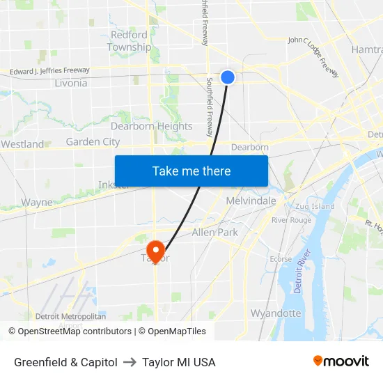 Greenfield & Capitol to Taylor MI USA map