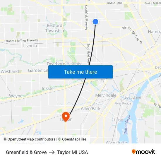 Greenfield & Grove to Taylor MI USA map