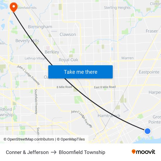 Conner & Jefferson to Bloomfield Township map