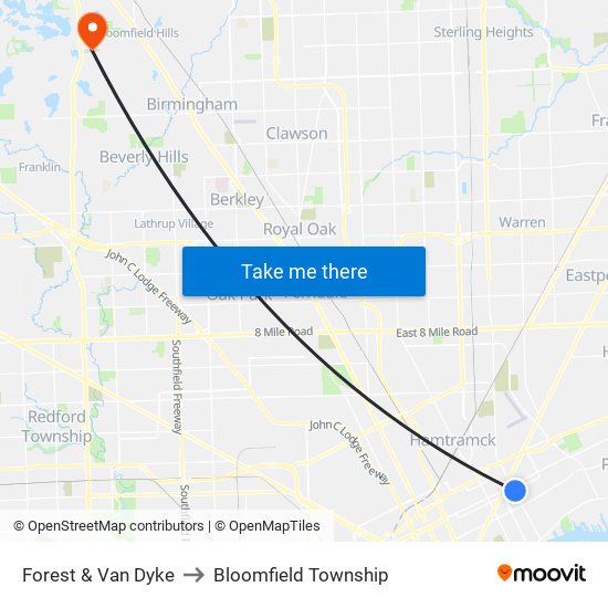 Forest & Van Dyke to Bloomfield Township map