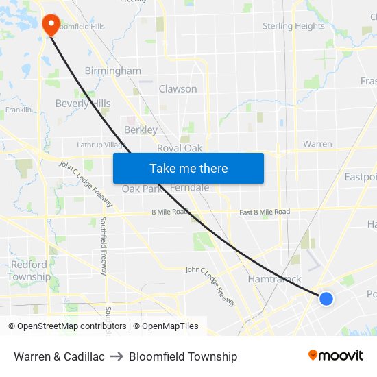 Warren & Cadillac to Bloomfield Township map