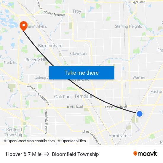Hoover & 7 Mile to Bloomfield Township map