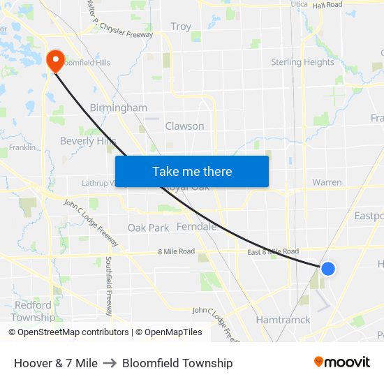 Hoover & 7 Mile to Bloomfield Township map