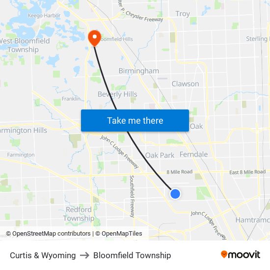 Curtis & Wyoming to Bloomfield Township map