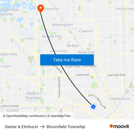Dexter & Elmhurst to Bloomfield Township map