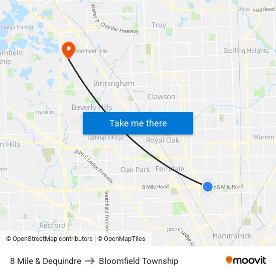 8 Mile & Dequindre to Bloomfield Township map