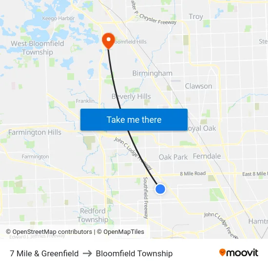 7 Mile & Greenfield to Bloomfield Township map
