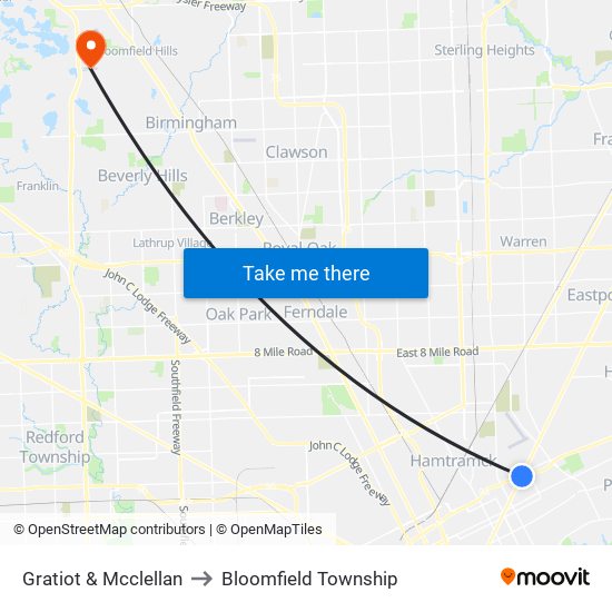 Gratiot & Mcclellan to Bloomfield Township map