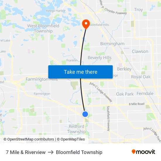 7 Mile & Riverview to Bloomfield Township map