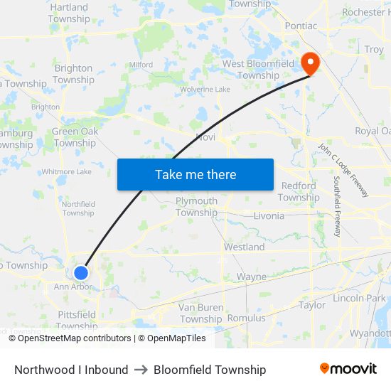 Northwood I Inbound to Bloomfield Township map