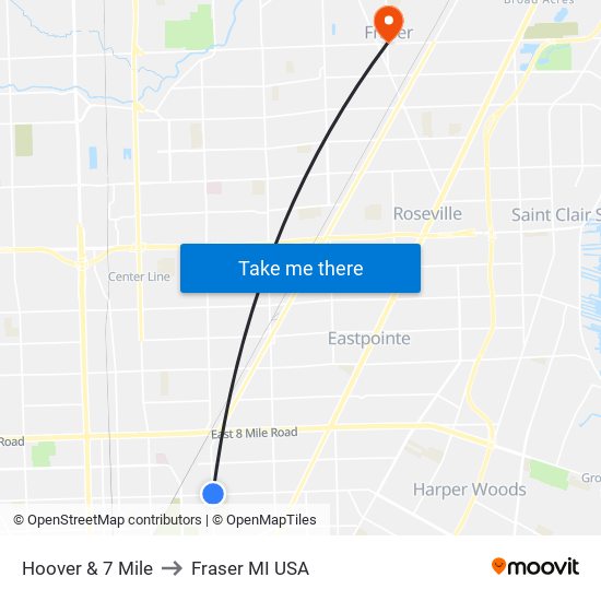 Hoover & 7 Mile to Fraser MI USA map