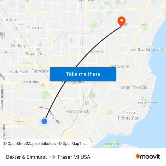Dexter & Elmhurst to Fraser MI USA map