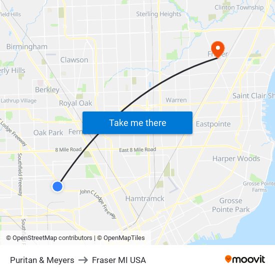Puritan & Meyers to Fraser MI USA map
