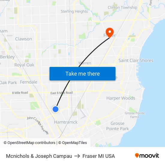 Mcnichols & Joseph Campau to Fraser MI USA map