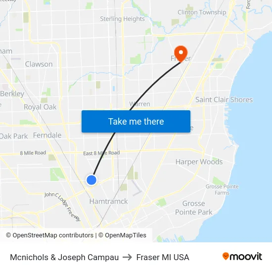 Mcnichols & Joseph Campau to Fraser MI USA map