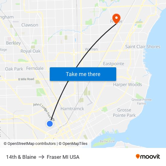 14th & Blaine to Fraser MI USA map