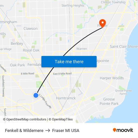 Fenkell & Wildemere to Fraser MI USA map