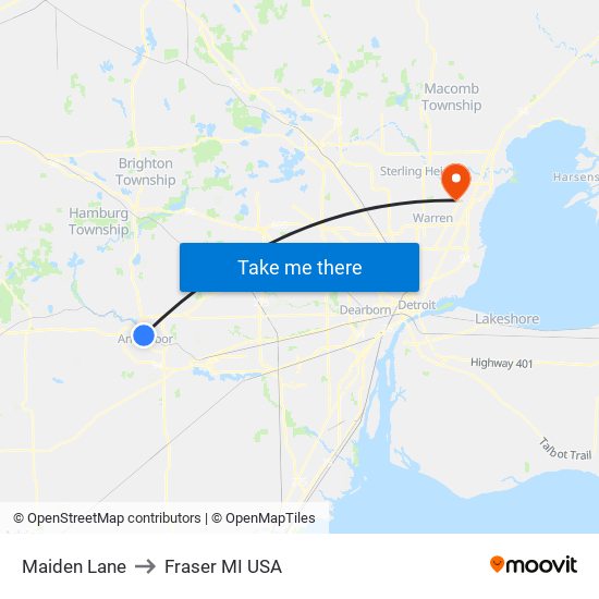 Maiden Lane to Fraser MI USA map