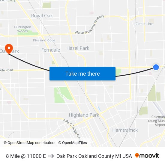 8 Mile @ 11000 E to Oak Park Oakland County MI USA map