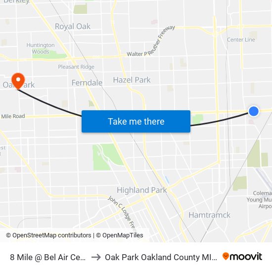 8 Mile @ Bel Air Center to Oak Park Oakland County MI USA map