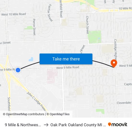 9 Mile & Northwestern to Oak Park Oakland County MI USA map