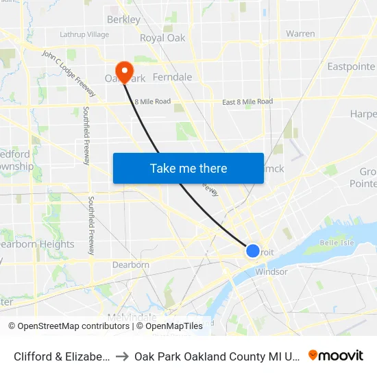 Clifford & Elizabeth to Oak Park Oakland County MI USA map