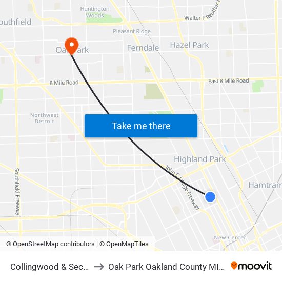 Collingwood & Second to Oak Park Oakland County MI USA map