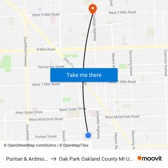 Puritan & Ardmore to Oak Park Oakland County MI USA map