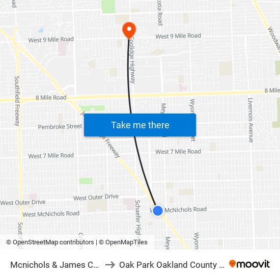 Mcnichols & James Couzens to Oak Park Oakland County MI USA map