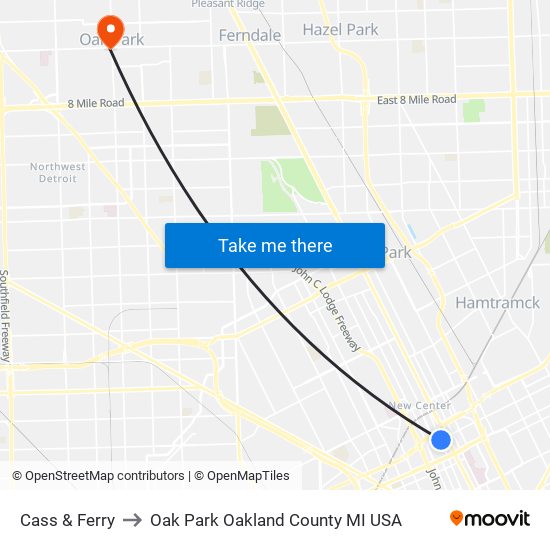 Cass & Ferry to Oak Park Oakland County MI USA map