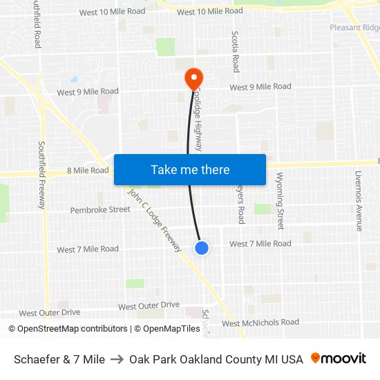 Schaefer & 7 Mile to Oak Park Oakland County MI USA map