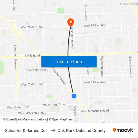 Schaefer & James Couzens to Oak Park Oakland County MI USA map