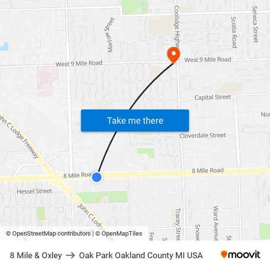 8 Mile & Oxley to Oak Park Oakland County MI USA map