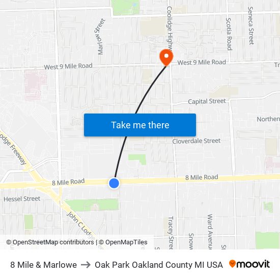 8 Mile & Marlowe to Oak Park Oakland County MI USA map