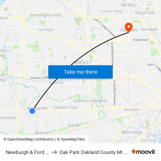 Newburgh & Ford Rd to Oak Park Oakland County MI USA map