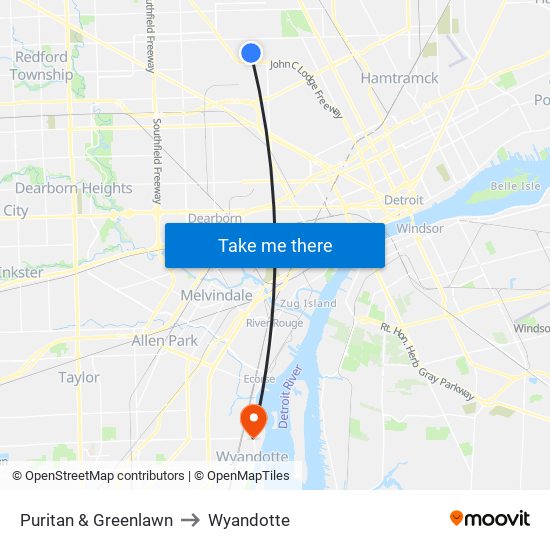 Puritan & Greenlawn to Wyandotte map