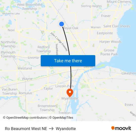 Ro Beaumont West NE to Wyandotte map