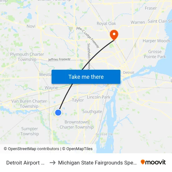 Detroit Airport DTW to Michigan State Fairgrounds Speedway map