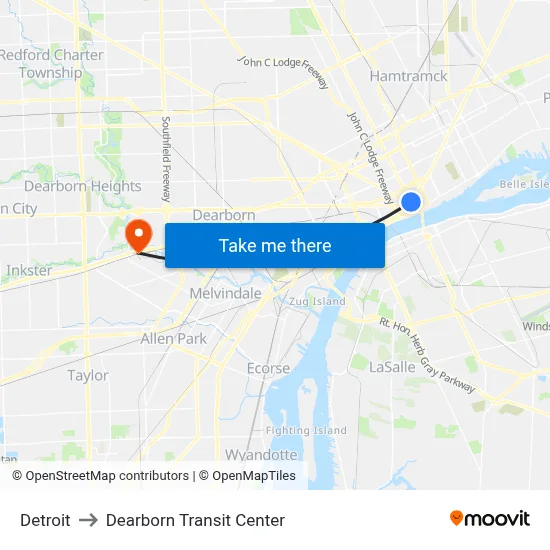 Detroit to Dearborn Transit Center map