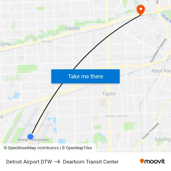 Detroit Airport DTW to Dearborn Transit Center map