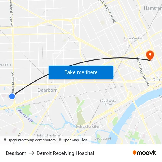Dearborn to Detroit Receiving Hospital map