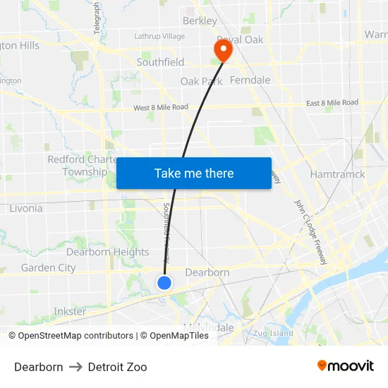 Dearborn to Detroit Zoo map